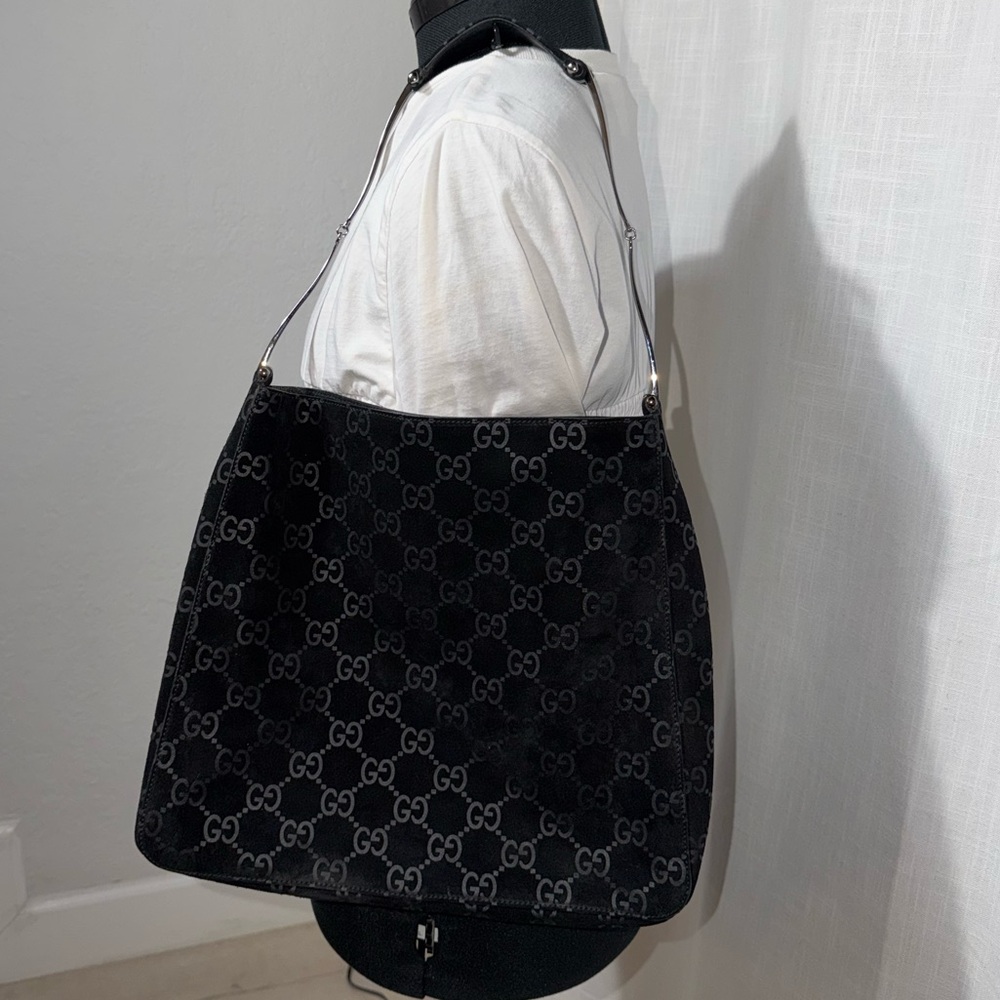 RARE Vintage Gucci Black Suede Monogram Metal Horsebit Strap Hobo Bag - Picture 3 of 17